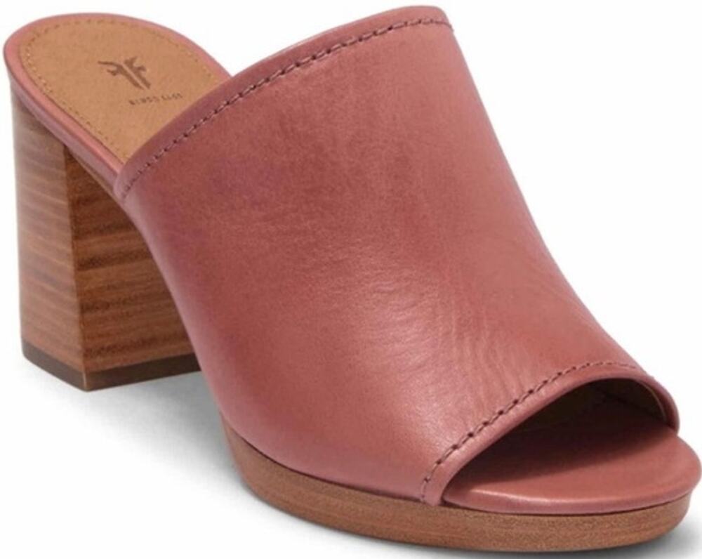 Frye Blake Mules Leather Block Heels Peep Toe Slip On Mauve Pink 9.5M